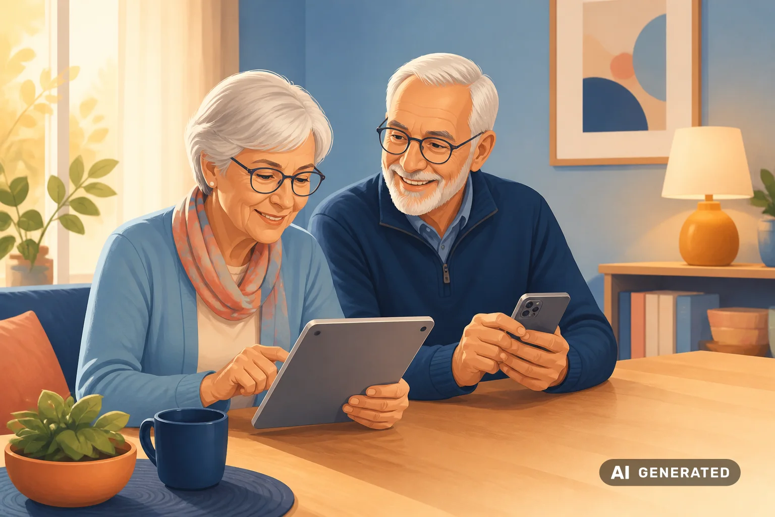 Symbolbild, KI-generiert: Ein älteres Paar nutzt gemeinsam ein Tablet und ein Smartphone.