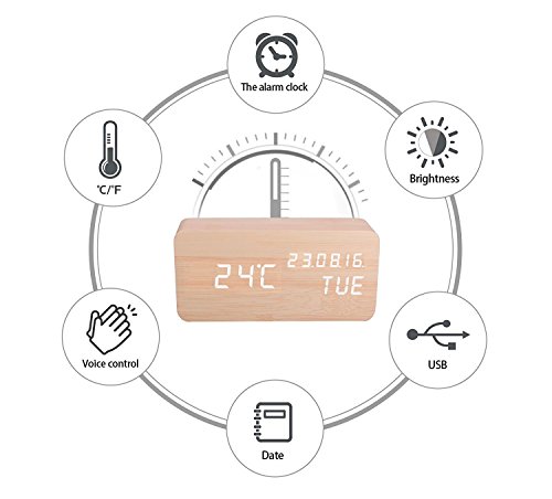 Digitaler Wecker Hölzerner, Leise LED-Anzeige Einstellbare Helligkeit / Sound Control, Tischuhr Indikator Kalender Zeit und Temperatur für Haus und Büro (Gelb-2) - 2