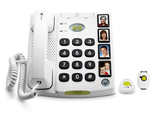 Doro Secure 347 Schnurgebundenes Großtastentelefon mit 4 Direktwahl-Fototasten inkl. 2 mobilen Notrufalarmgebern, weiß