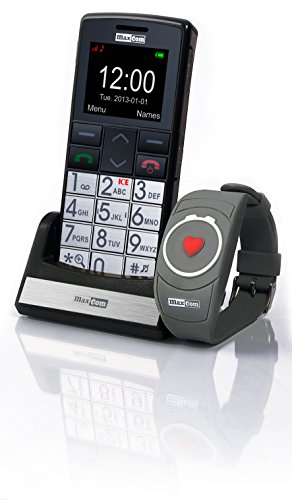Maxcom MM 715 Großtasten Handy mit Notrufarmband (4,5 cm (1,8 Zoll) Farbdisplay, großes Telefonbuch (300), FM Radio, 1,3 Megapixel Kamera, WAP, Bluetooth) silber/schwarz